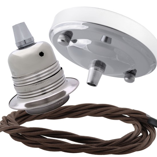 Ceiling Pendant Kit with Large Silver Rose and E27 Lampholder in Silver Nickel Finish with Mocha Brown Flex