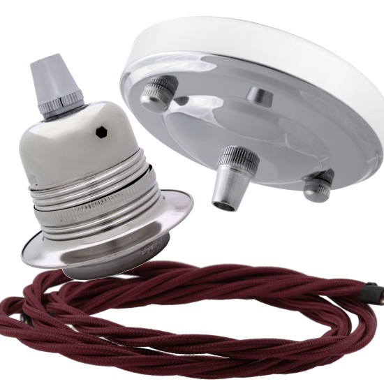 Ceiling Pendant Kit with Large Silver Rose and E27 Lampholder in Silver Nickel Finish with Rich Burgundy Flex