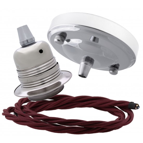 Ceiling Pendant Kit with Large Silver Rose and E27 Lampholder in Silver Nickel Finish with Rich Burgundy Flex Ceiling Pendant Kit with Large Silver Rose and E27 Lampholder in Silver Nickel Finish with Rich Burgundy Flex