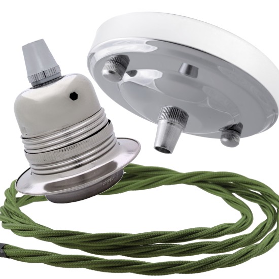 Ceiling Pendant Kit with Large Silver Rose and E27 Lampholder in Silver Nickel Finish with Green Flex