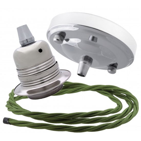 Ceiling Pendant Kit with Large Silver Rose and E27 Lampholder in Silver Nickel Finish with Green Flex Ceiling Pendant Kit with Large Silver Rose and E27 Lampholder in Silver Nickel Finish with Green Flex