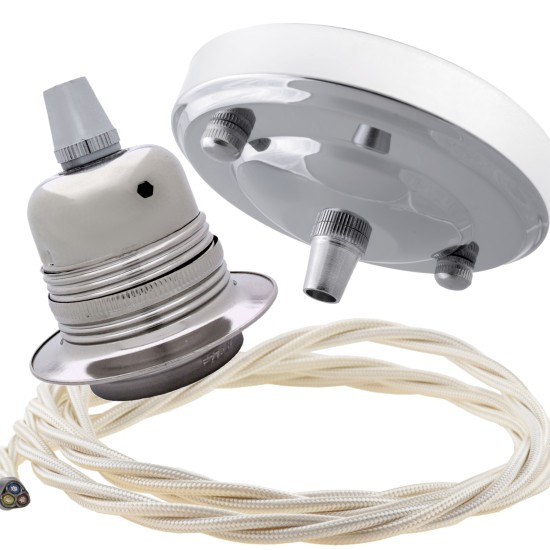 Ceiling Pendant Kit with Large Silver Rose and E27 Lampholder in Silver Nickel Finish with Classic Ivory Flex