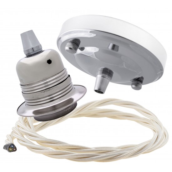 Ceiling Pendant Kit with Large Silver Rose and E27 Lampholder in Silver Nickel Finish with Classic Ivory Flex Ceiling Pendant Kit with Large Silver Rose and E27 Lampholder in Silver Nickel Finish with Classic Ivory Flex