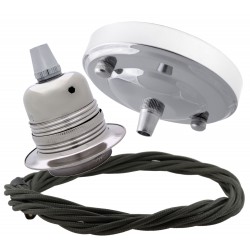 Ceiling Pendant Kit with Large Silver Rose and E27 Lampholder in Silver Nickel Finish with Khaki Green Flex