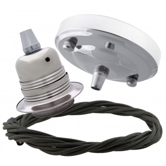 Ceiling Pendant Kit with Large Silver Rose and E27 Lampholder in Silver Nickel Finish with Khaki Green Flex Ceiling Pendant Kit with Large Silver Rose and E27 Lampholder in Silver Nickel Finish with Khaki Green Flex