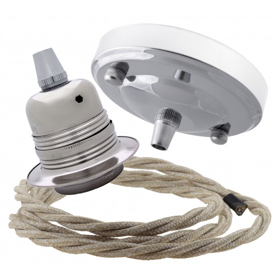 Ceiling Pendant Kit with Large Silver Rose and E27 Lampholder in Silver Nickel Finish with Linen Effect Flex Ceiling Pendant Kit with Large Silver Rose and E27 Lampholder in Silver Nickel Finish with Linen Effect Flex