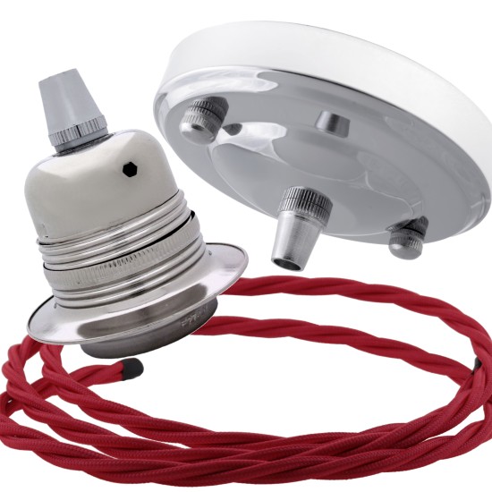 Ceiling Pendant Kit with Large Silver Rose and E27 Lampholder in Silver Nickel Finish with Bright Red Flex