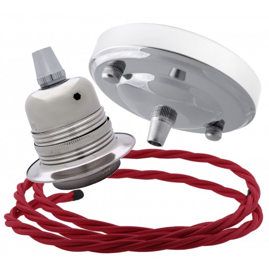 Ceiling Pendant Kit with Large Silver Rose and E27 Lampholder in Silver Nickel Finish with Bright Red Flex Ceiling Pendant Kit with Large Silver Rose and E27 Lampholder in Silver Nickel Finish with Bright Red Flex