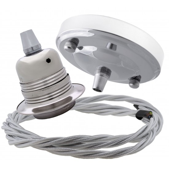 Ceiling Pendant Kit with Large Silver Rose and E27 Lampholder in Silver Nickel Finish with Silver Grey Flex Ceiling Pendant Kit with Large Silver Rose and E27 Lampholder in Silver Nickel Finish with Silver Grey Flex