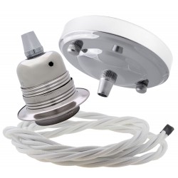 Ceiling Pendant Kit with Large Silver Rose and E27 Lampholder in Silver Nickel Finish with White Flex Ceiling Pendant Kit with Large Silver Rose and E27 Lampholder in Silver Nickel Finish with White Flex
