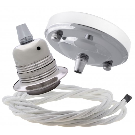 Ceiling Pendant Kit with Large Silver Rose and E27 Lampholder in Silver Nickel Finish with White Flex Ceiling Pendant Kit with Large Silver Rose and E27 Lampholder in Silver Nickel Finish with White Flex