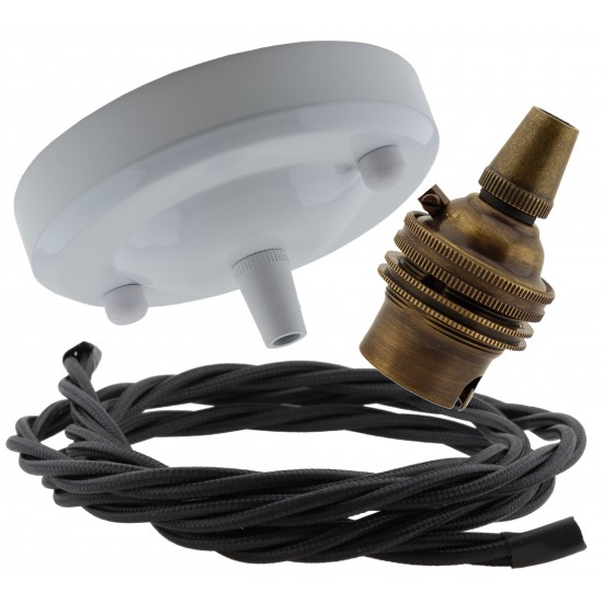 Ceiling Pendant Kit with Large Gloss White Rose and B22 Lampholder in Antique Brass Finish with Black Flex Ceiling Pendant Kit with Large Gloss White Rose and B22 Lampholder in Antique Brass Finish with Black Flex