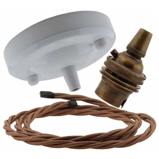 Ceiling Pendant Kit with Large Gloss White Rose and B22 Lampholder in Antique Brass Finish with Bronze Flex Ceiling Pendant Kit with Large Gloss White Rose and B22 Lampholder in Antique Brass Finish with Bronze Flex