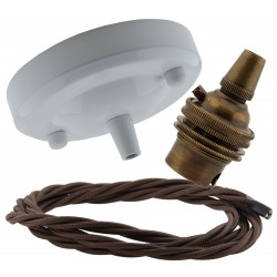 Ceiling Pendant Kit with Large Gloss White Rose and B22 Lampholder in Antique Brass Finish with Mocha Brown Flex