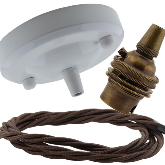 Ceiling Pendant Kit with Large Gloss White Rose and B22 Lampholder in Antique Brass Finish with Mocha Brown Flex