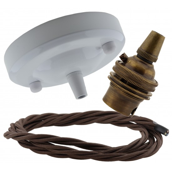 Ceiling Pendant Kit with Large Gloss White Rose and B22 Lampholder in Antique Brass Finish with Mocha Brown Flex