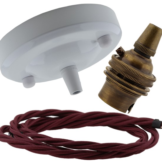 Ceiling Pendant Kit with Large Gloss White Rose and B22 Lampholder in Antique Brass Finish with Rich Burgundy Flex