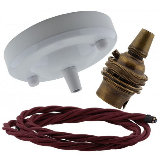Ceiling Pendant Kit with Large Gloss White Rose and B22 Lampholder in Antique Brass Finish with Rich Burgundy Flex