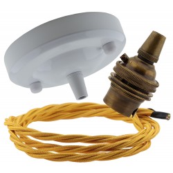 Ceiling Pendant Kit with Large Gloss White Rose and B22 Lampholder in Antique Brass Finish with Gold Flex