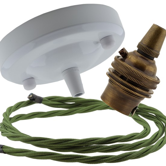 Ceiling Pendant Kit with Large Gloss White Rose and B22 Lampholder in Antique Brass Finish with Green Flex
