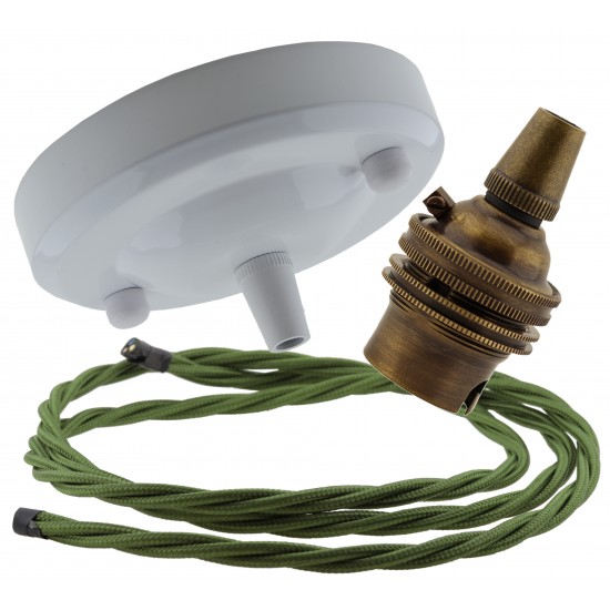 Ceiling Pendant Kit with Large Gloss White Rose and B22 Lampholder in Antique Brass Finish with Green Flex