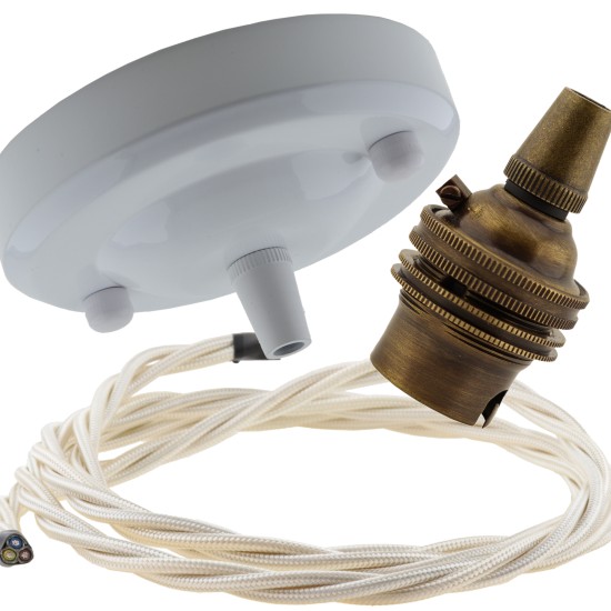 Ceiling Pendant Kit with Large Gloss White Rose and B22 Lampholder in Antique Brass Finish with Classic Ivory Flex