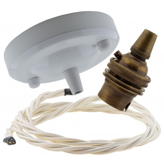 Ceiling Pendant Kit with Large Gloss White Rose and B22 Lampholder in Antique Brass Finish with Classic Ivory Flex Ceiling Pendant Kit with Large Gloss White Rose and B22 Lampholder in Antique Brass Finish with Classic Ivory Flex