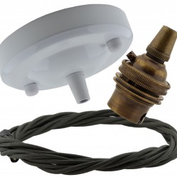 Ceiling Pendant Kit with Large Gloss White Rose and B22 Lampholder in Antique Brass Finish with Khaki Green Flex