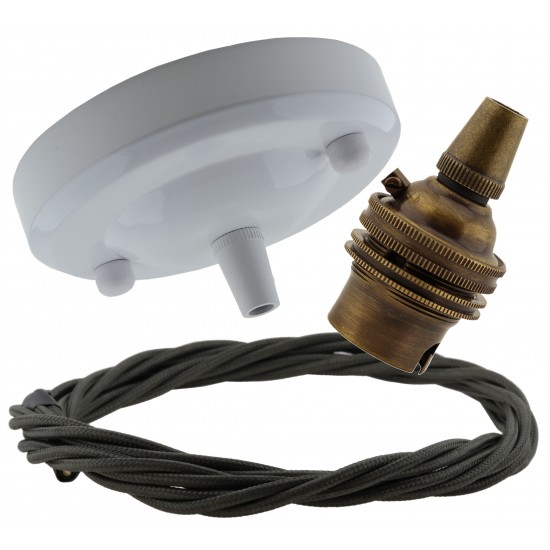 Ceiling Pendant Kit with Large Gloss White Rose and B22 Lampholder in Antique Brass Finish with Khaki Green Flex Ceiling Pendant Kit with Large Gloss White Rose and B22 Lampholder in Antique Brass Finish with Khaki Green Flex