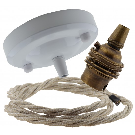 Ceiling Pendant Kit with Large Gloss White Rose and B22 Lampholder in Antique Brass Finish with Linen Effect Flex Ceiling Pendant Kit with Large Gloss White Rose and B22 Lampholder in Antique Brass Finish with Linen Effect Flex