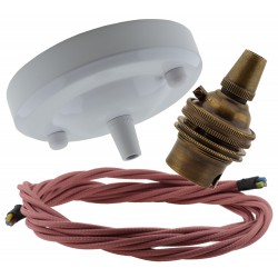 Ceiling Pendant Kit with Large Gloss White Rose and B22 Lampholder in Antique Brass Finish with Dusky Pink Flex