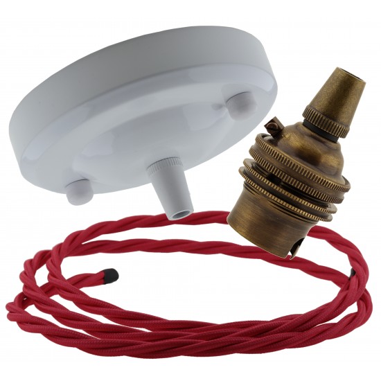 Ceiling Pendant Kit with Large Gloss White Rose and B22 Lampholder in Antique Brass Finish with Bright Red Flex Ceiling Pendant Kit with Large Gloss White Rose and B22 Lampholder in Antique Brass Finish with Bright Red Flex