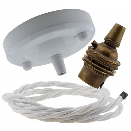 Ceiling Pendant Kit with Large Gloss White Rose and B22 Lampholder in Antique Brass Finish with White Flex Ceiling Pendant Kit with Large Gloss White Rose and B22 Lampholder in Antique Brass Finish with White Flex