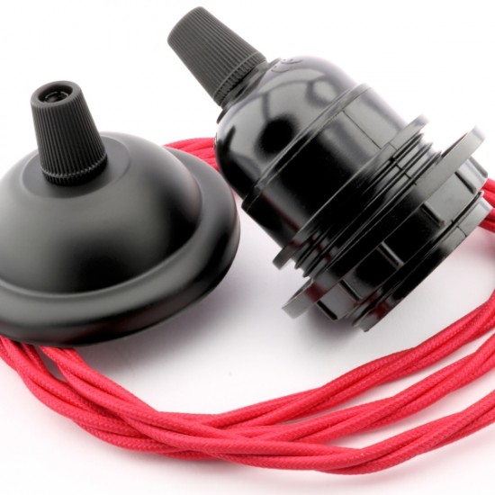 Ceiling Pendant Kit incl. Matte Black Finish Metal Rose, E27 Black Bulb Holder and 3Core Braided Twisted Flex in Bright Red