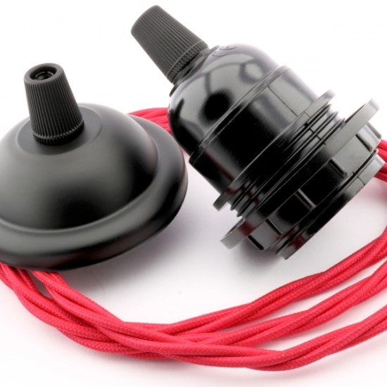 Ceiling Pendant Kit incl. Matte Black Finish Metal Rose, E27 Black Bulb Holder and 3Core Braided Twisted Flex in Bright Red Ceiling Pendant Kit incl. Matte Black Finish Metal Rose, E27 Black Bulb Holder and 3Core Braided Twisted Flex in Bright Red