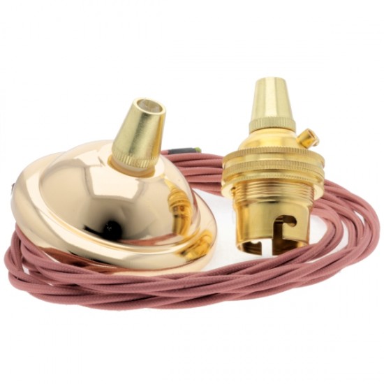 Ceiling Pendant Kit incl. Polished Brass Effect Metal Rose, B22 Brass Bulb Holder and Old Dusky Pink Braided Twisted Flex